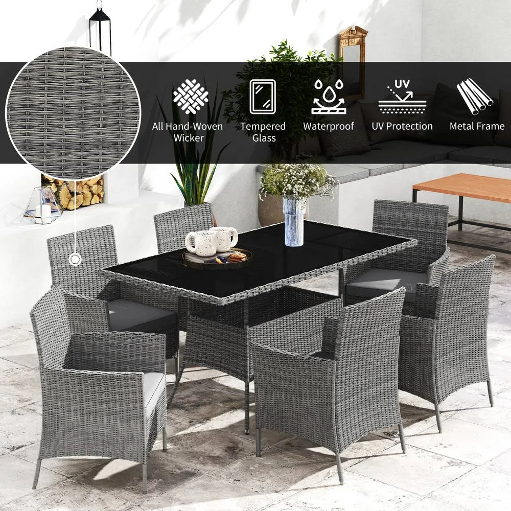 OUTSUNNY Rattan Dining Set for 6 with Cushions, Glass Top Table in Dark Grey 4