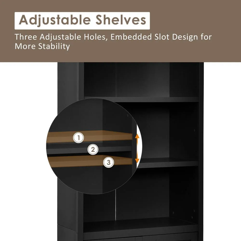 Costway Wooden Tall Bookcase 3-Tier Shelving Storage Cabinet 2 Doors Display Organizer in Black 5