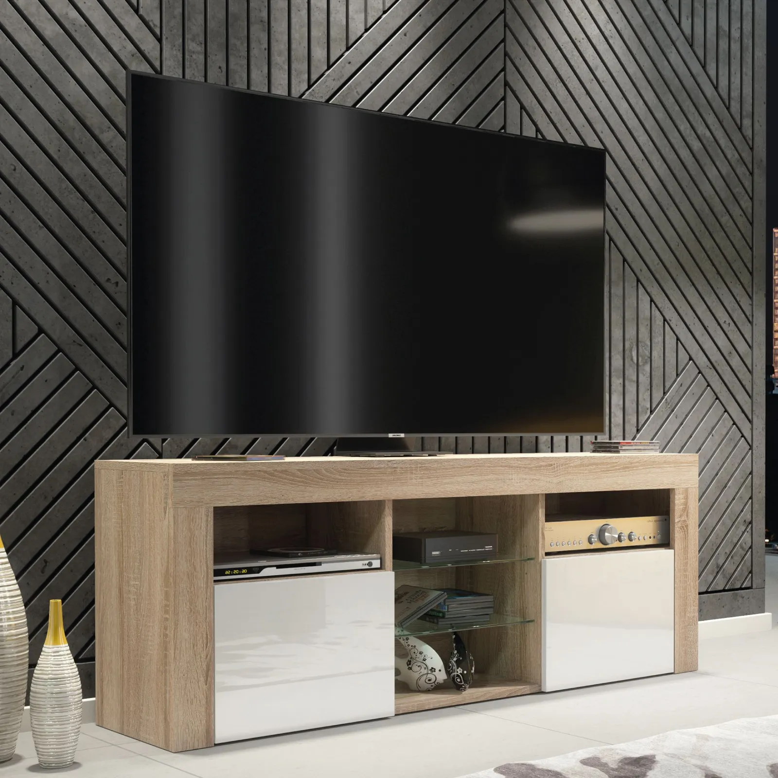 Creative Furniture TV Unit 145cm Modern - Oak with High Gloss White Doors in Light Oak 6