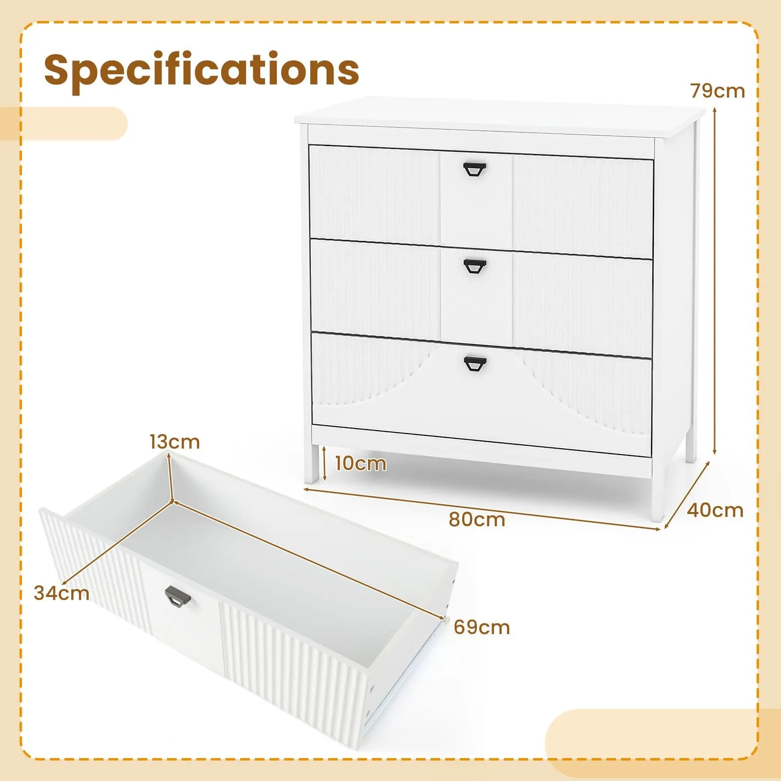 Costway 3-Drawer Dresser Modern Style Chest of Drawers in White 5