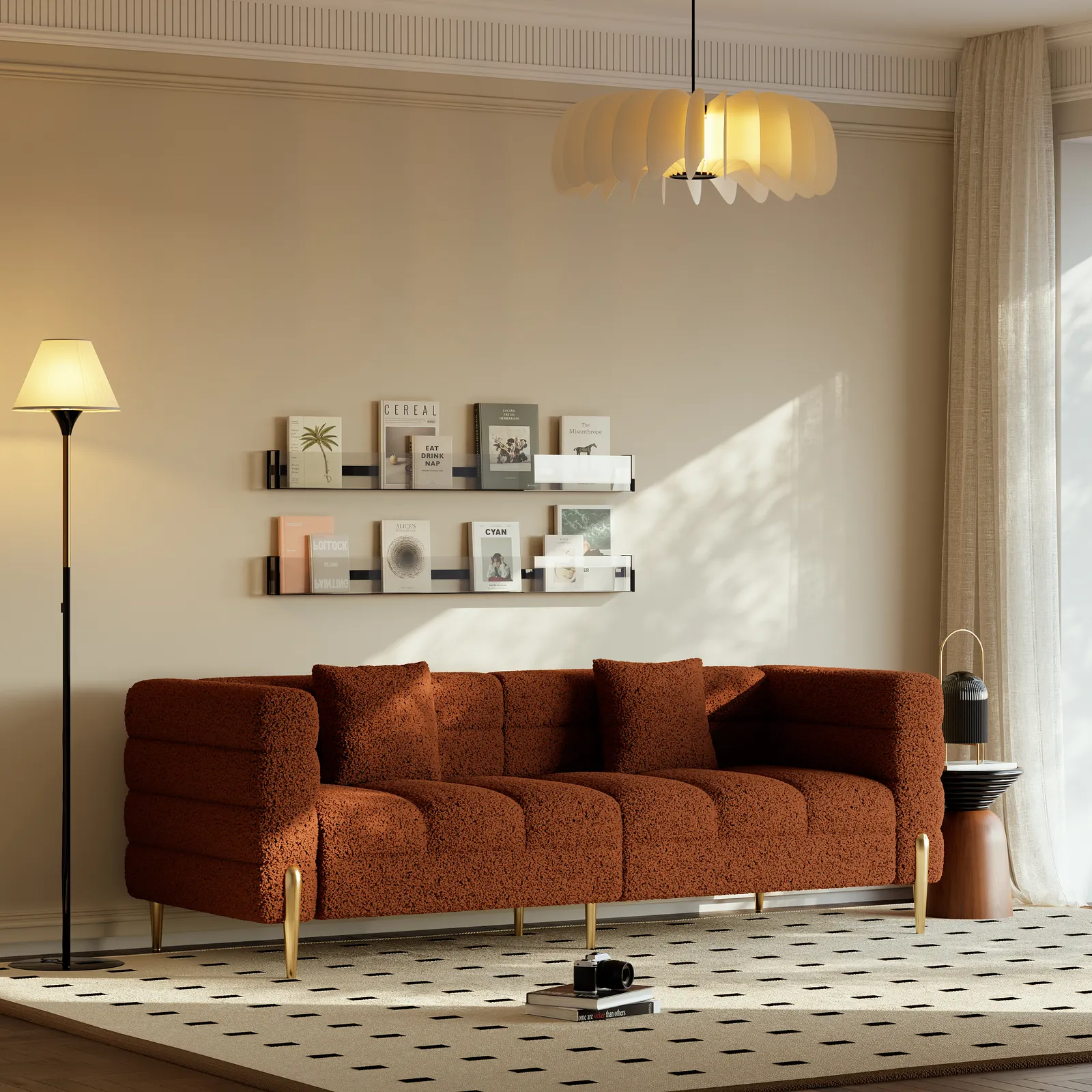 Homary 200 cm Modern Rust Boucle Upholstered Fluted 3-Seater Sofa for Living Room with Pillow