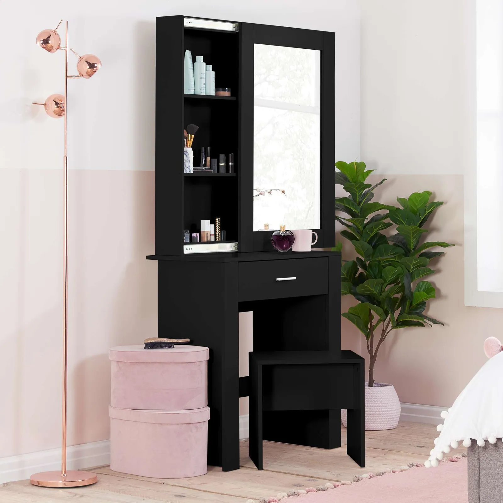 Birlea Evelyn 1 Drawer Sliding Mirror Dressing Table White in Black