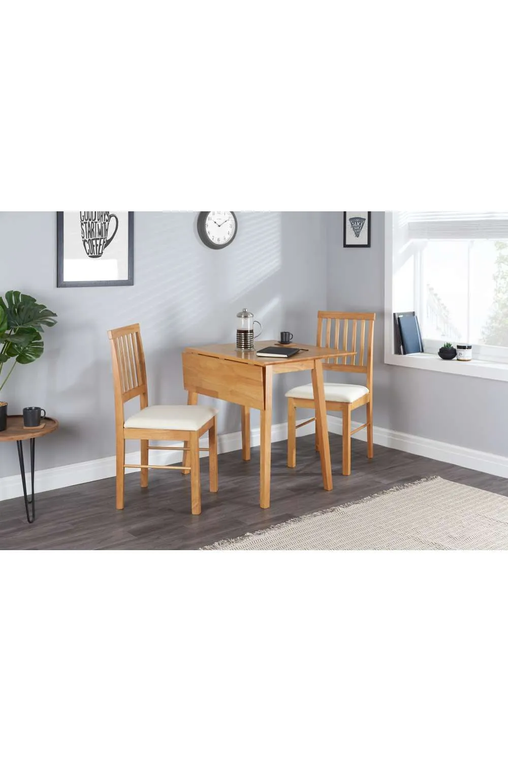 Birlea Drop Leaf Table Chairs Square Solid Wood Dining 2 Kitchen Set Oak Finish in Brown 2