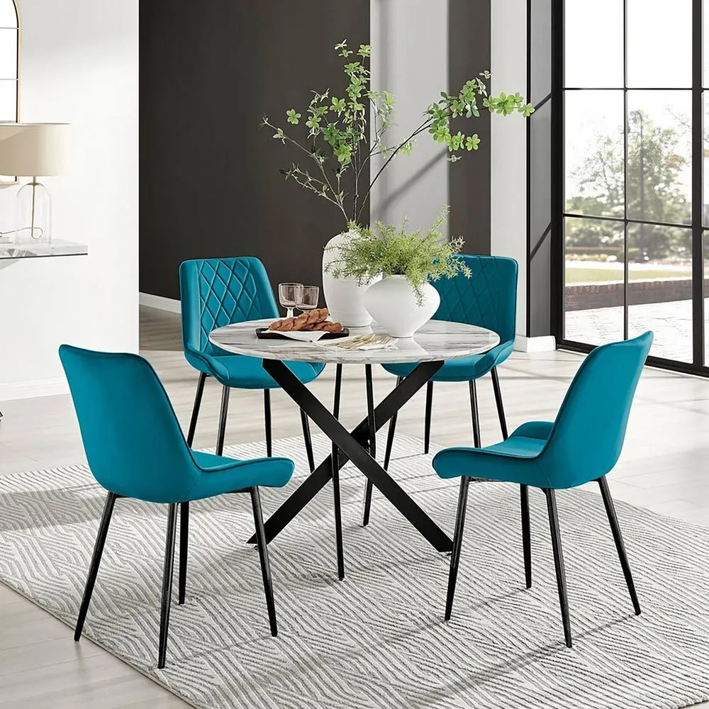 FurnitureboxUK Novara White Marble Black Leg Round Dining Table & 4 Pesaro Chairs in Blue