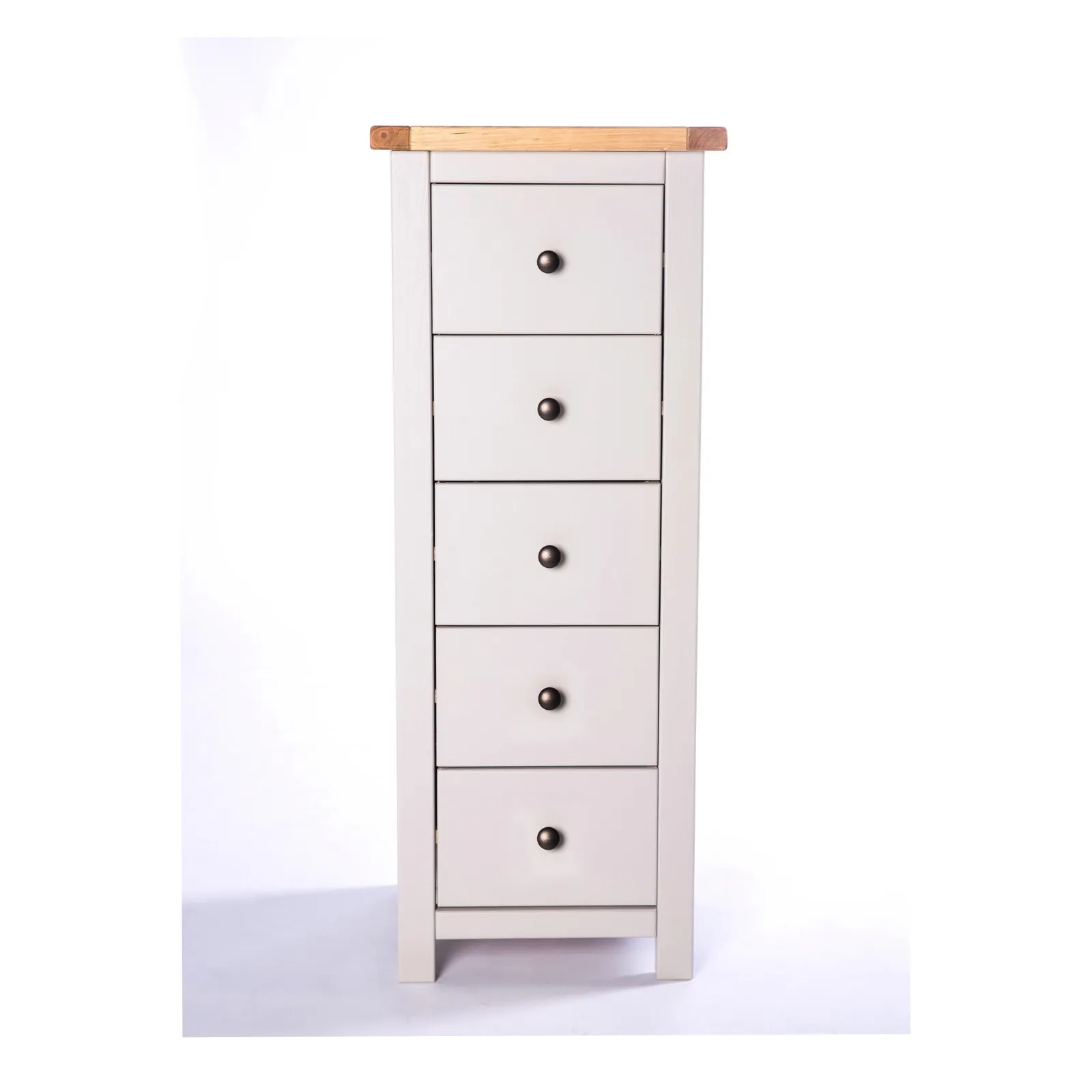 Cabinet Bits Argenta 5 Drawer Narrow Chest of Drawers Brass Knob in Light Grey