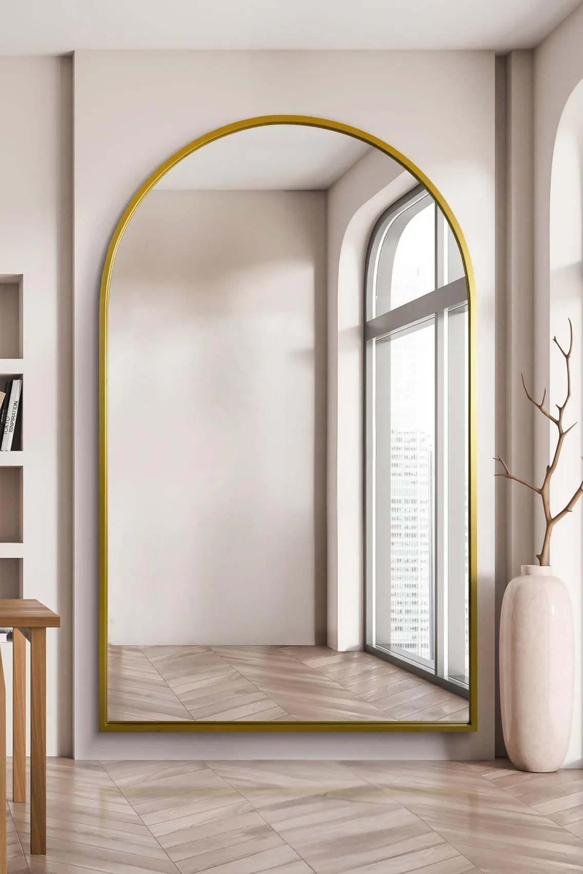 MirrorOutlet Gold Framed Arched Leaner/Wall Mirror 75" X 47" (190CM X 120CM)