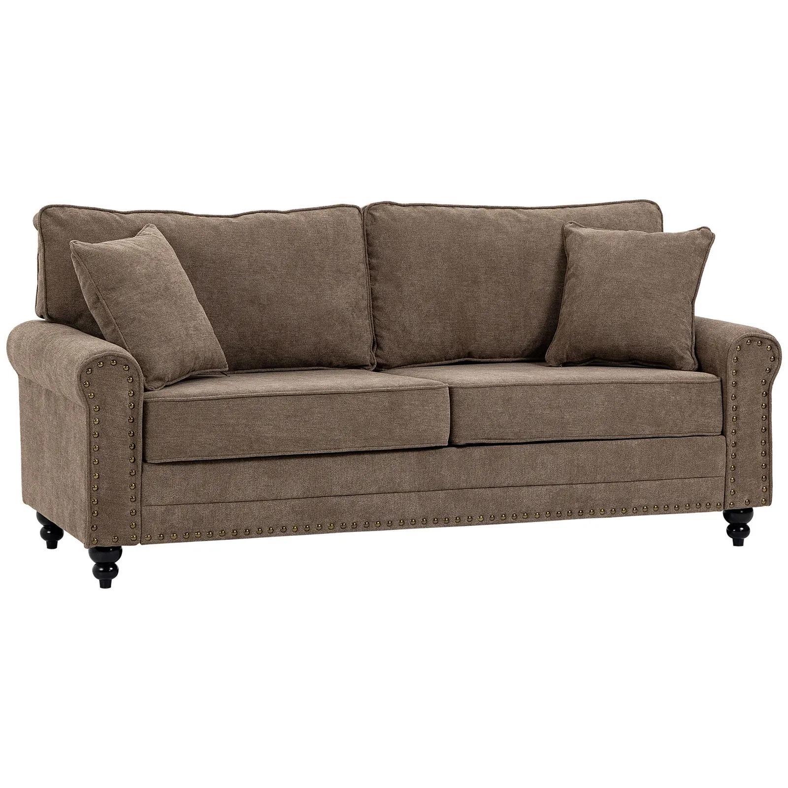 HOMCOM 3 Seater Sofas Fabric Sofa with Nailhead Trim Cushions & Throw Pillows in Brown 2