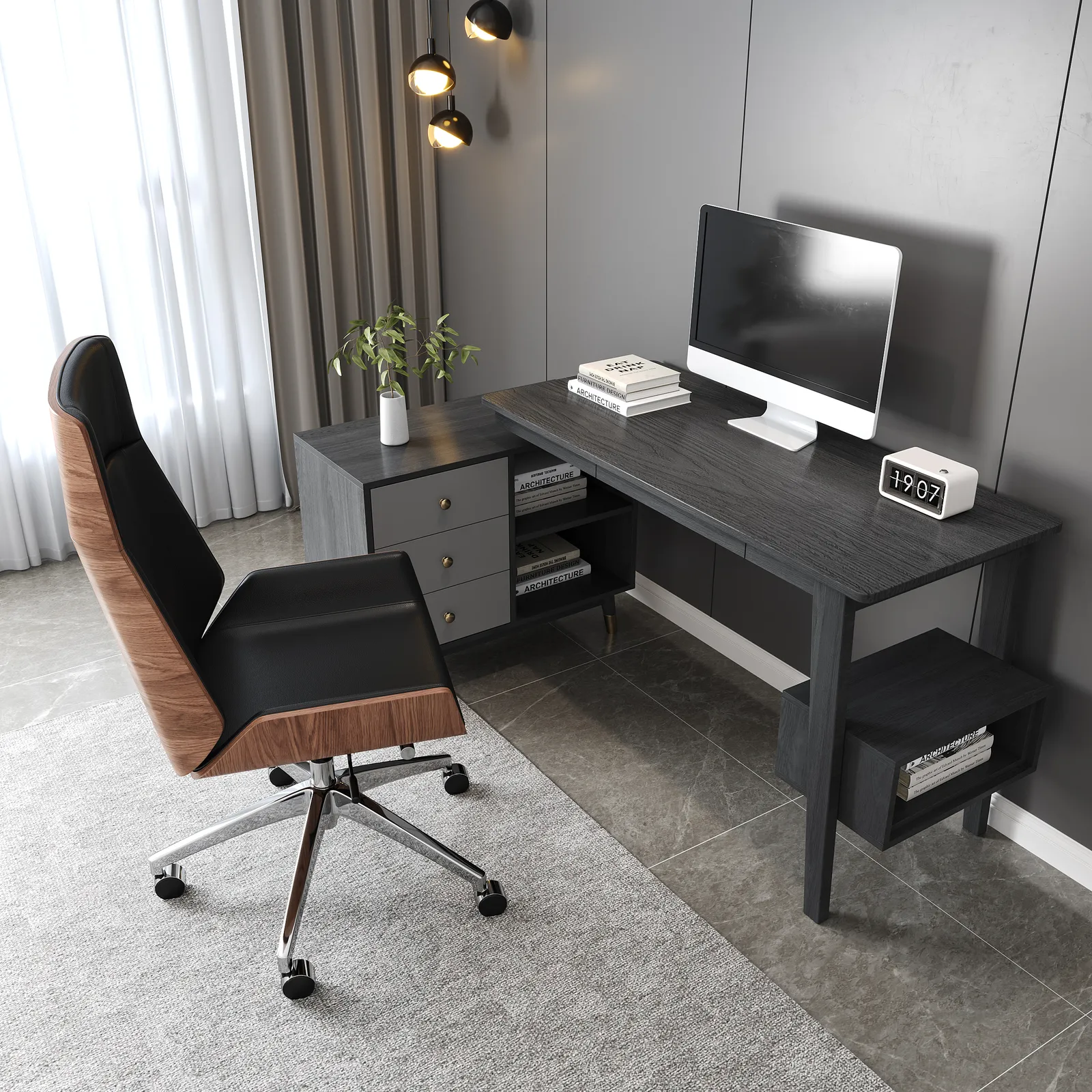 Ultic Gray Reversible L-Shaped Desk & Faux Leather Office Chair Set  with Wheels