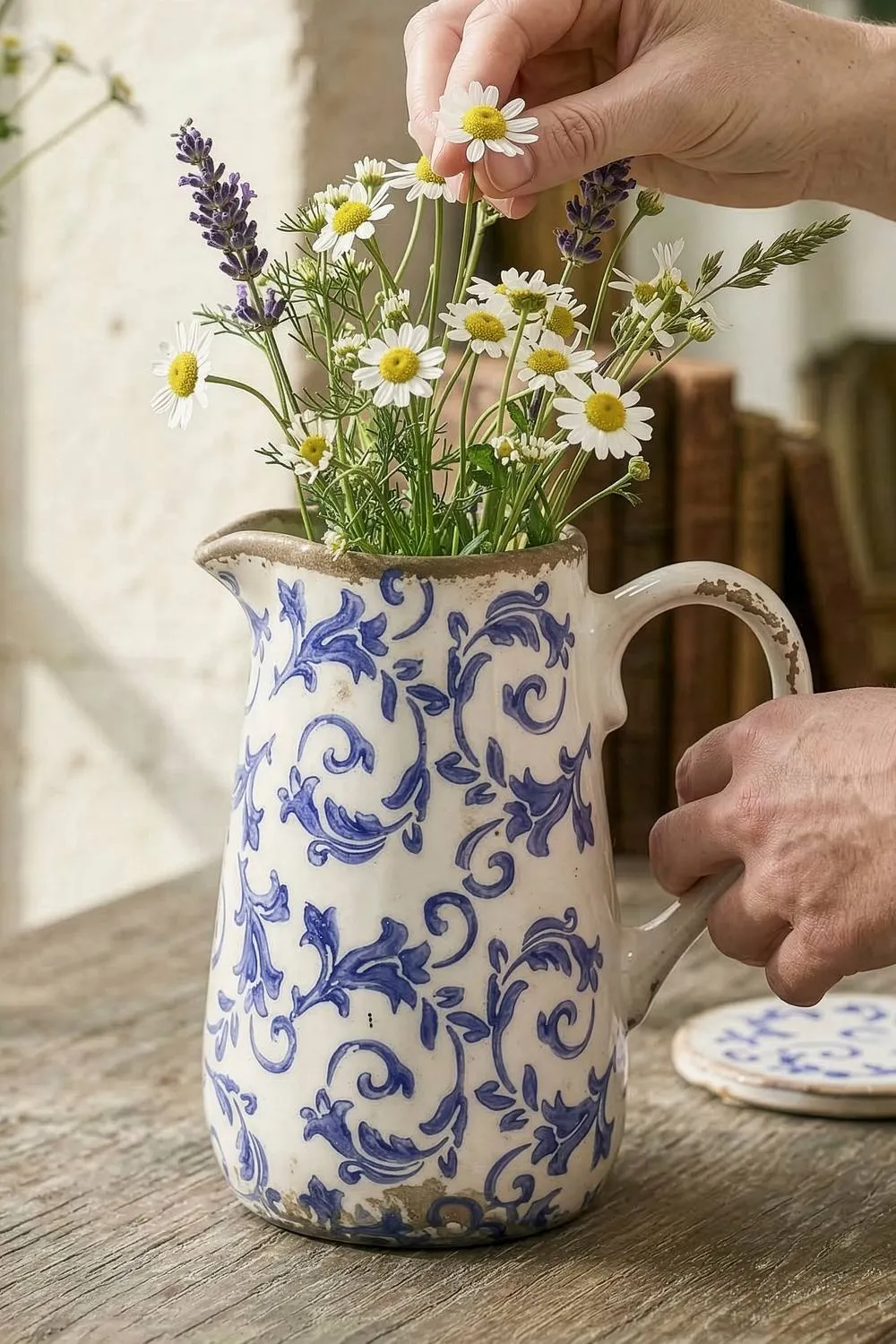 Dibor Vintage Solene Small Blue Botanical Home Decor Pitcher Jug H18 x W16cm in Cream