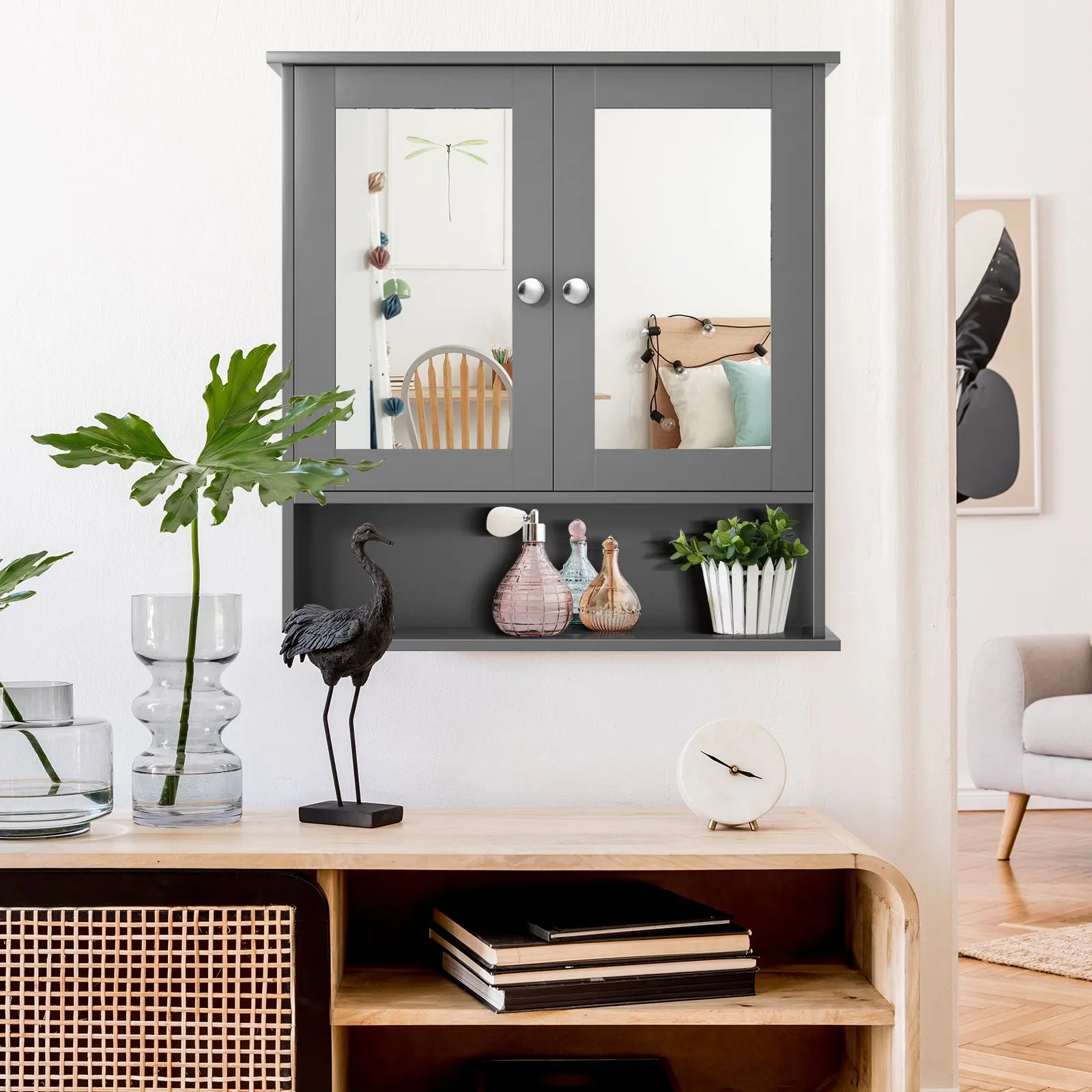 Costway Wall Mounted Bathroom Mirror Cabinet Wooden Storage Cupboard Medicine Organizer in Grey 5