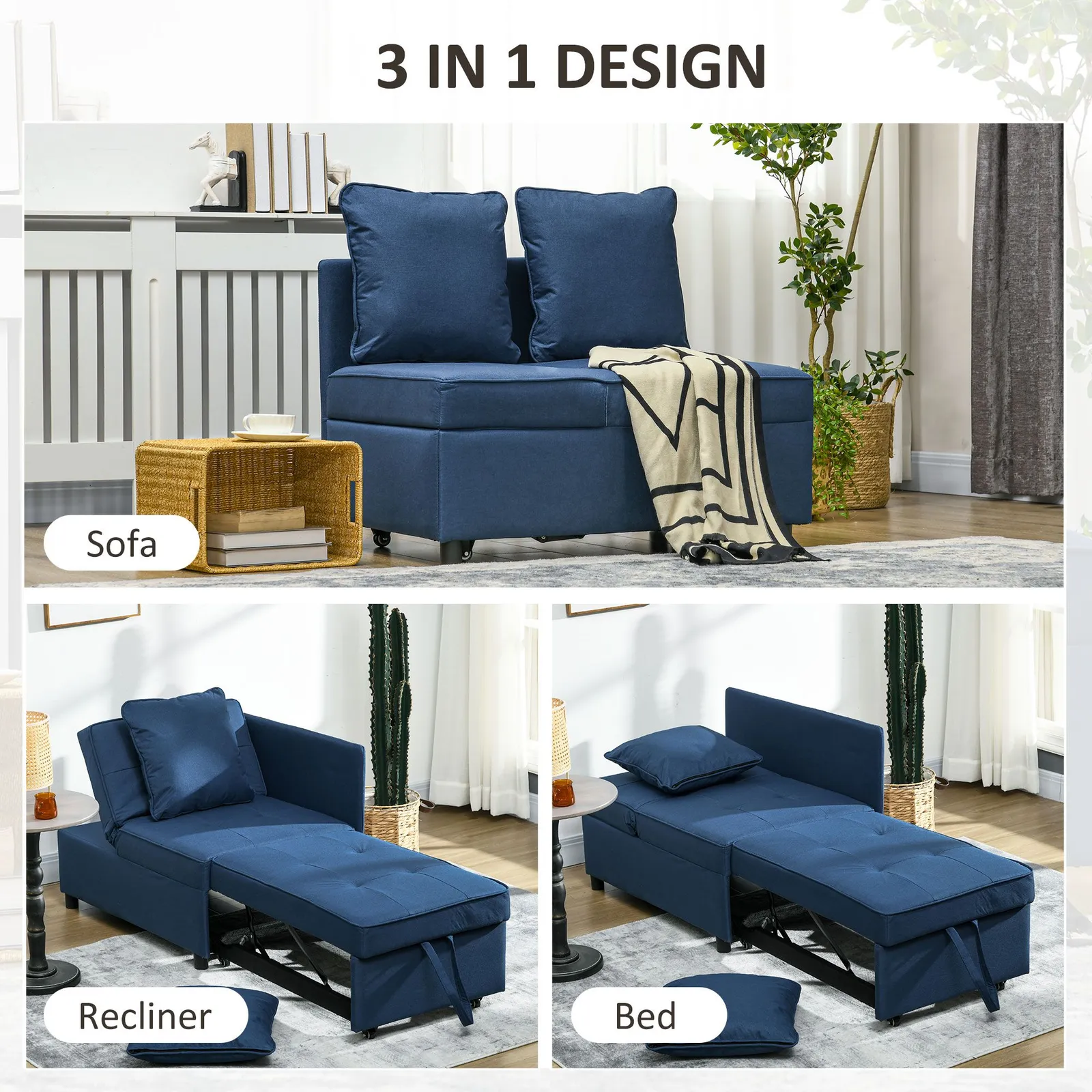 HOMCOM Folding Sleeper Sofa Bed Chair with Pillows, Pocket in Blue 4