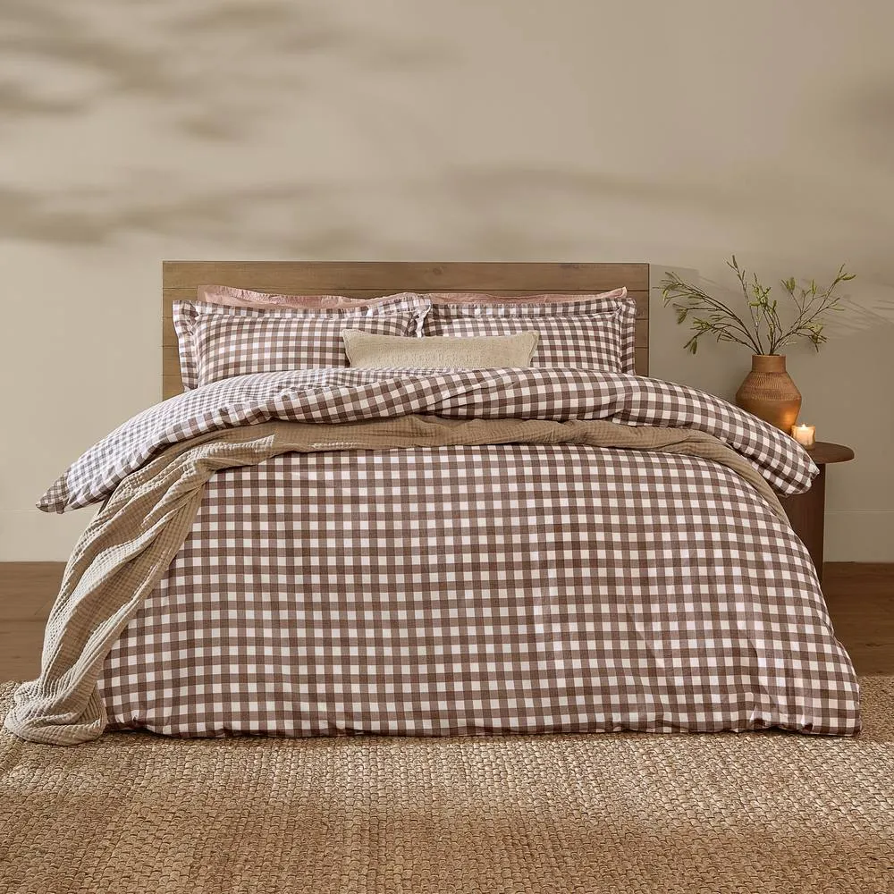 Yard Barton Gingham Check 100% Cotton Reversible Duvet Cover Set in Brown 1