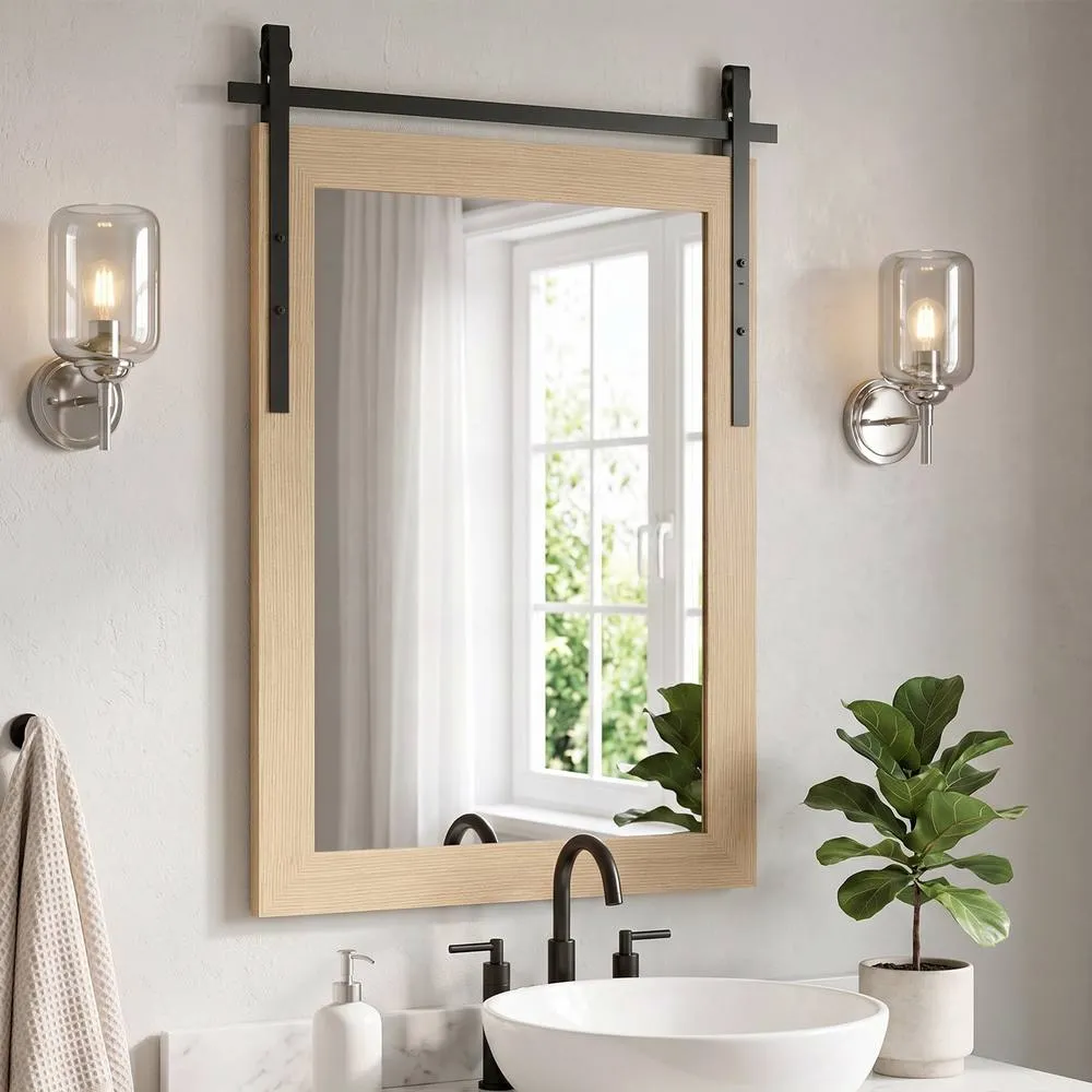 HOMCOM Farmhouse Rectangle Mirror, 110 x 66 cm, White Oak in Natural 2