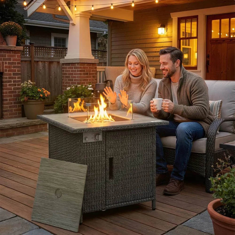 OUTSUNNY Rattan Gas Fire Pit Table with Rain Cover, Wind Guard, 14.5 KW in Grey