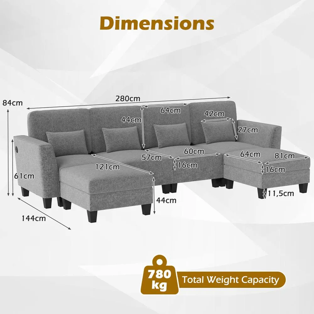 Costway Sectional Sofa with 2 Ottomans 4 Seat Sofa Set with Double Chaise in Grey 2