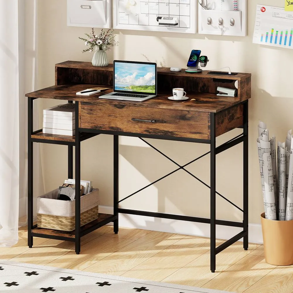 Costway Wooden Computer Desk Home Office PC Workstation Study Desk w/ Shelf in Brown
