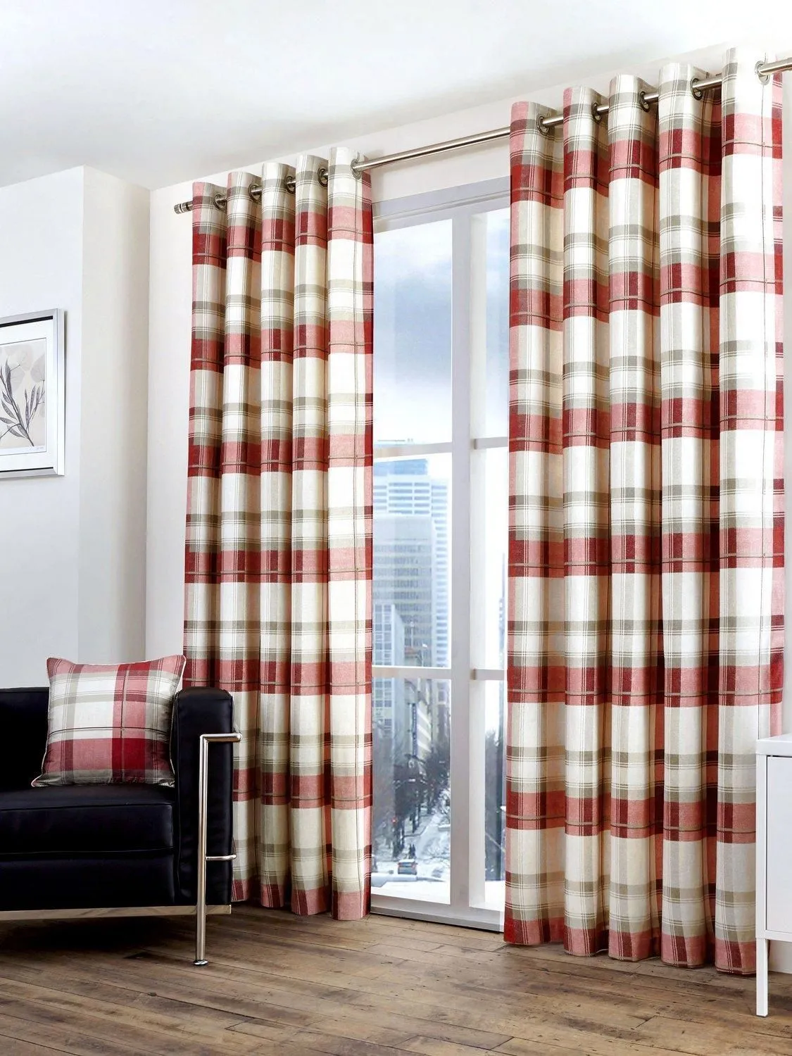 Fusion 'Balmoral Check' Country Checked Pattern Pair of Eyelet Curtains in Scarlet 1