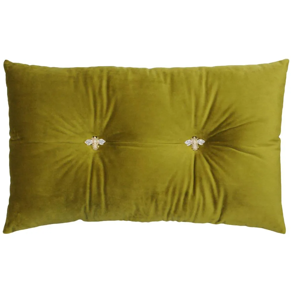 Paoletti Bumble Bee Embroidered Buttoned Velvet Ready Filled Cushion in Olive 2