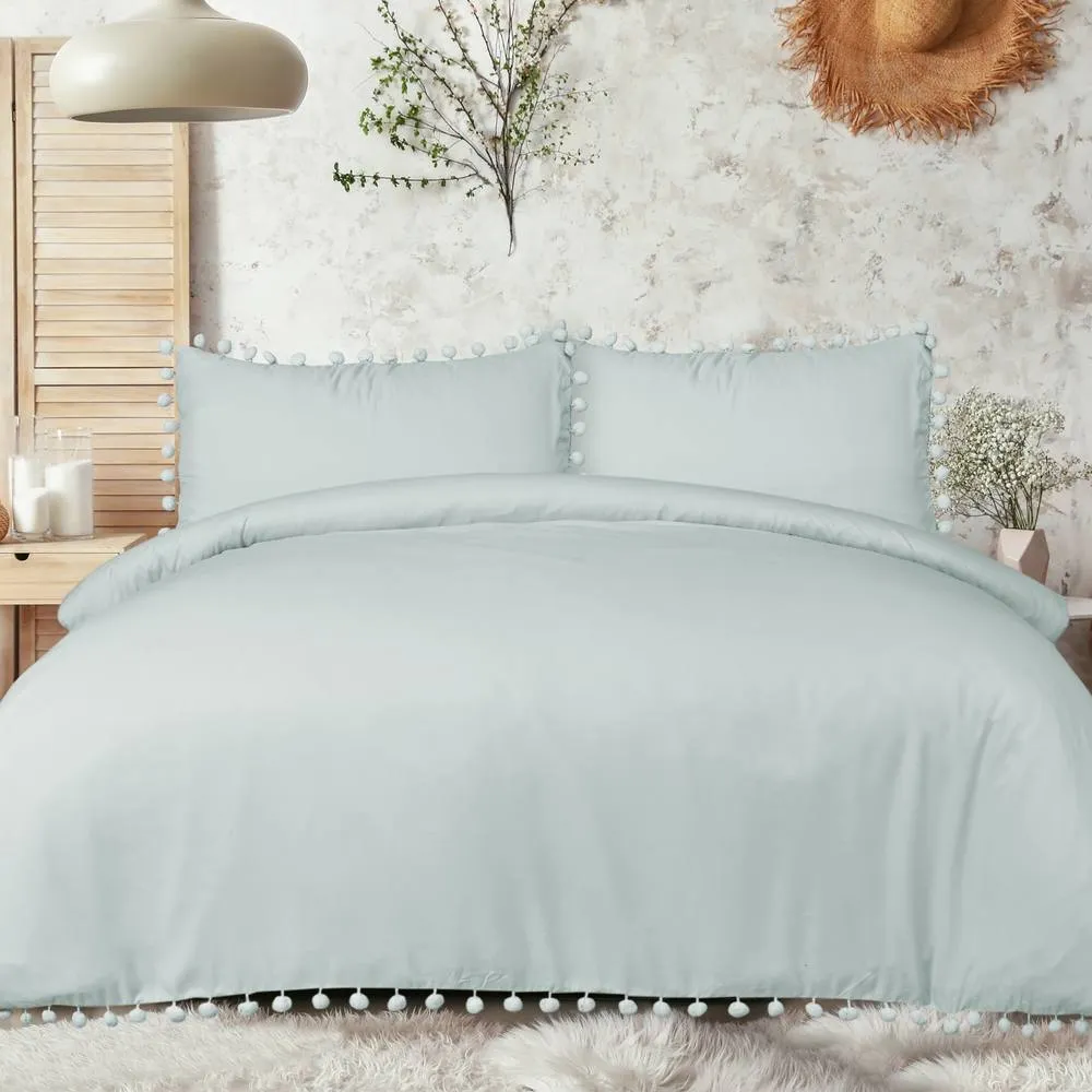 Smart Living Luxury Super Soft Pom Pom Duvet Cover & Pillowcases in Duck Egg Blue
