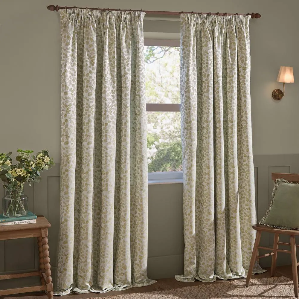 Wylder Grace Leaf Jacquard Fully Lined Pencil Pleat Curtain Pair in Pale Green 2