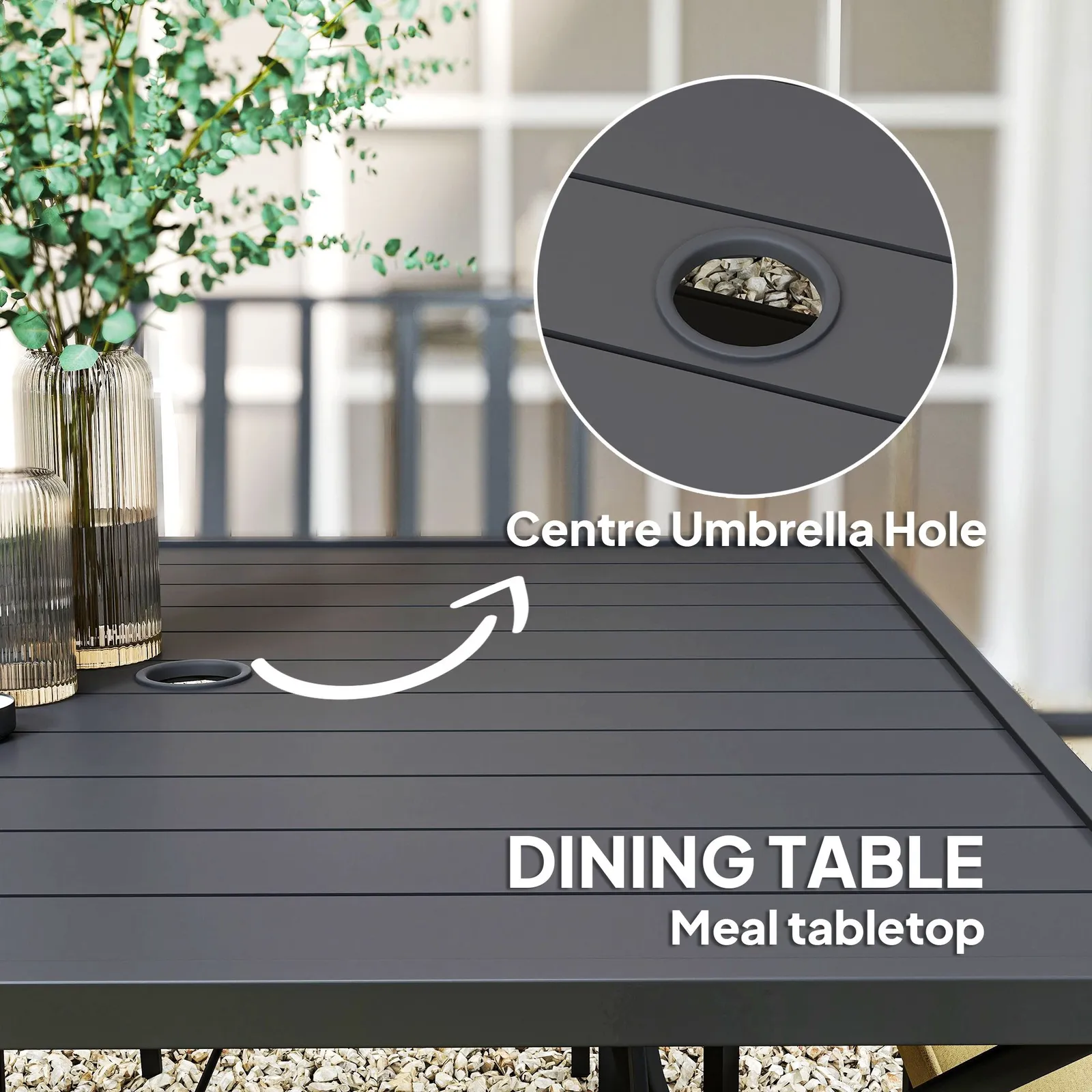 OUTSUNNY Garden Dining Set w/ 4 Stackable Cushioned Chairs & Metal Top Table in Black 6