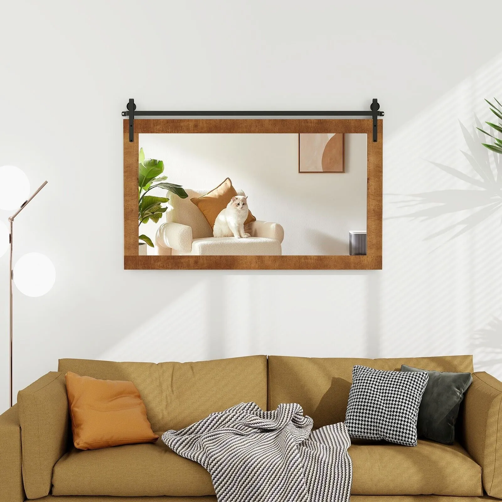 Costway Farmhouse Bathroom Wall Mounted Mirror Explosion-proof Wall Mirror E/ Wood Frame in Brown 5