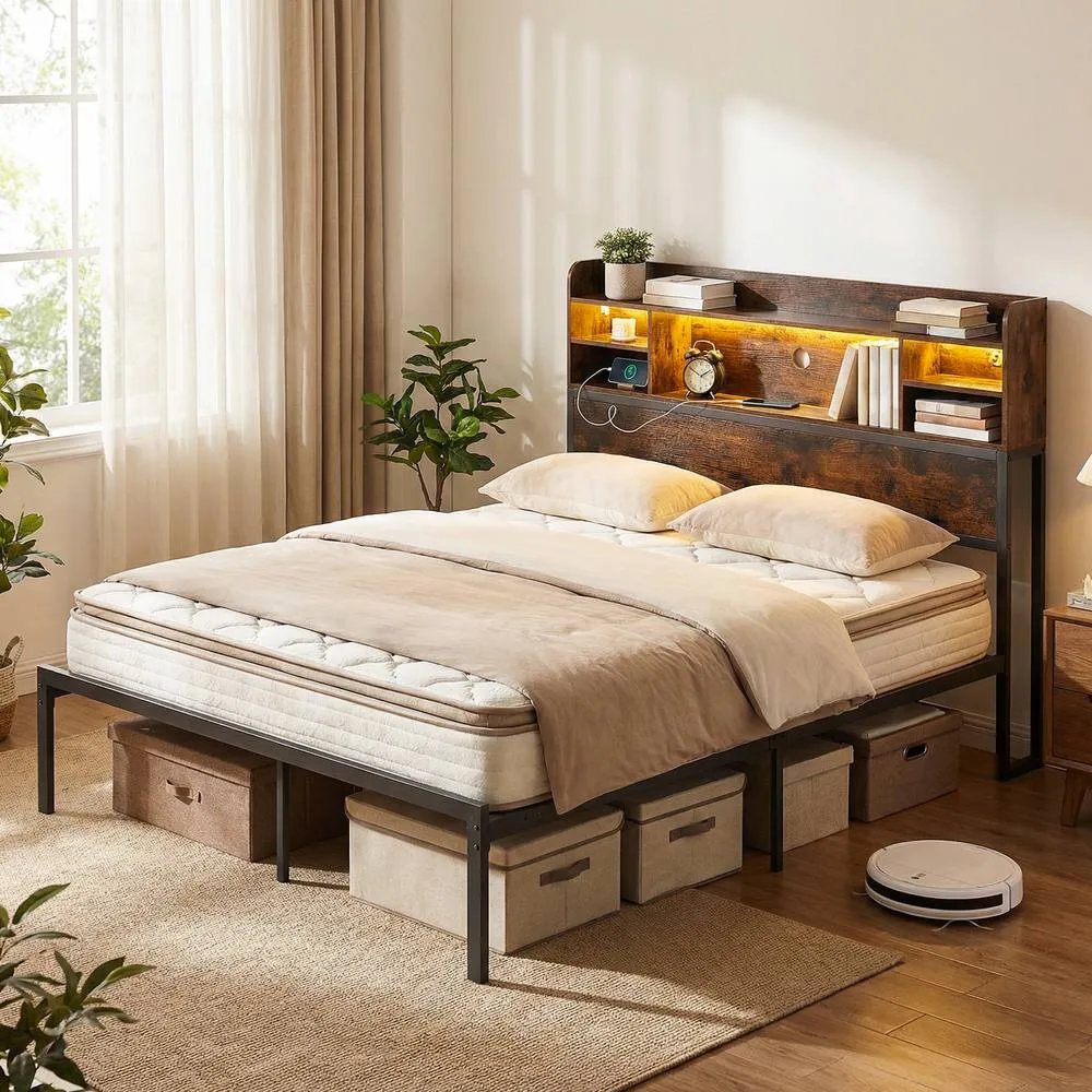Costway King Size Bed Frame w/LED Lights&Charging Station Metal Platform Bed in Brown