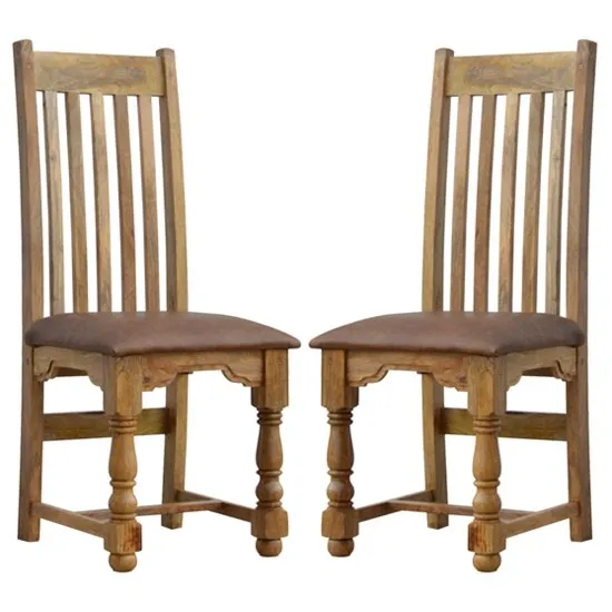 Granary Oak Ish Wooden Dining Chairs With Leather Seat In A Pair
