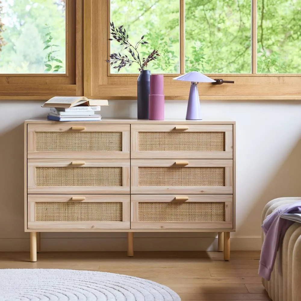 sweeek 6-drawer Chest With Cane & Wooden Effect in Beige
