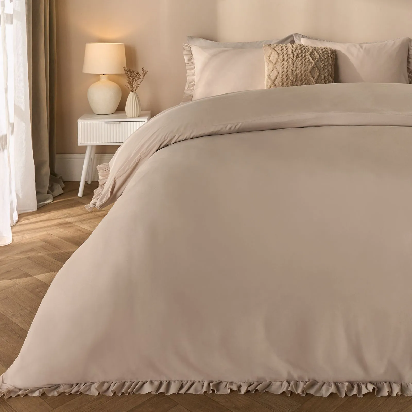 OHS Frill Edge Decor Duvet Cover with Pillowcase Bedding Set in Natural