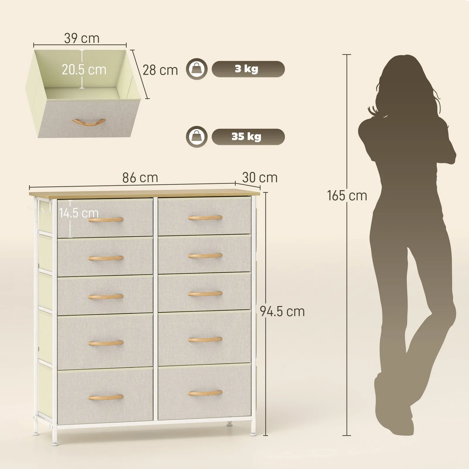 HOMCOM Fabric Chest of Drawers, Drawer Dresser for Bedroom in Beige 3