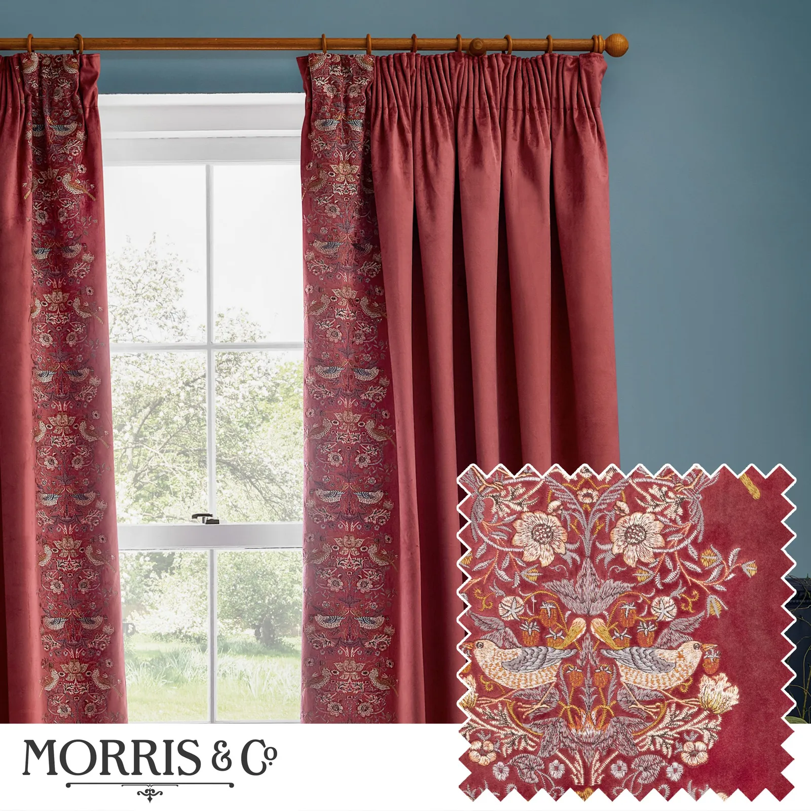 Morris & Co Strawberry Thief Embroidered Velvet Room Darkening Pencil Pleat Curtain Pair in Red
