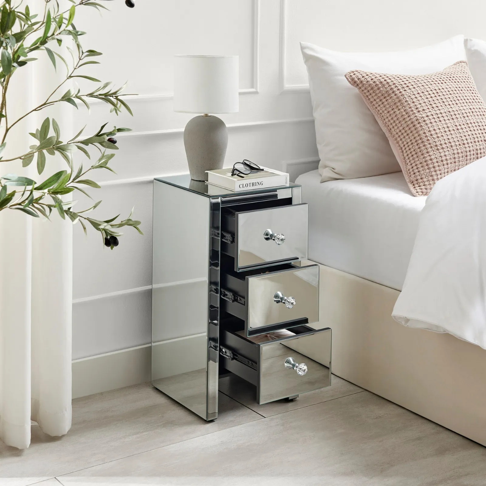 FurnitureboxUK Murano Slim 3 Drawer Mirrored Square bedside Table With Crystaline Shaped Handles in Silver 3