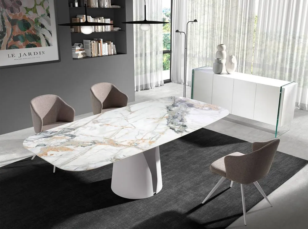 Angel Cerda Oval Porcelain Marble Dining Table, White Steel Legs 4