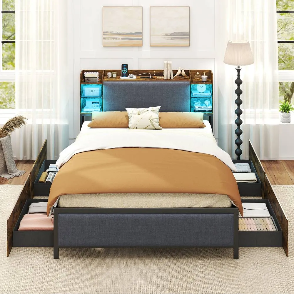 Costway Double Size Bed Frame Platform Bed w/ LED Lights & Charging Station in Brown 5