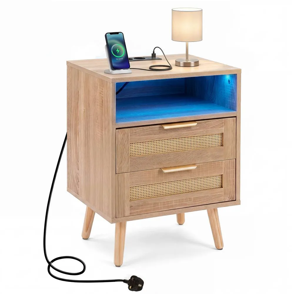 Costway Rattan Bedside Table with Charging Station & LED Lights in Natural