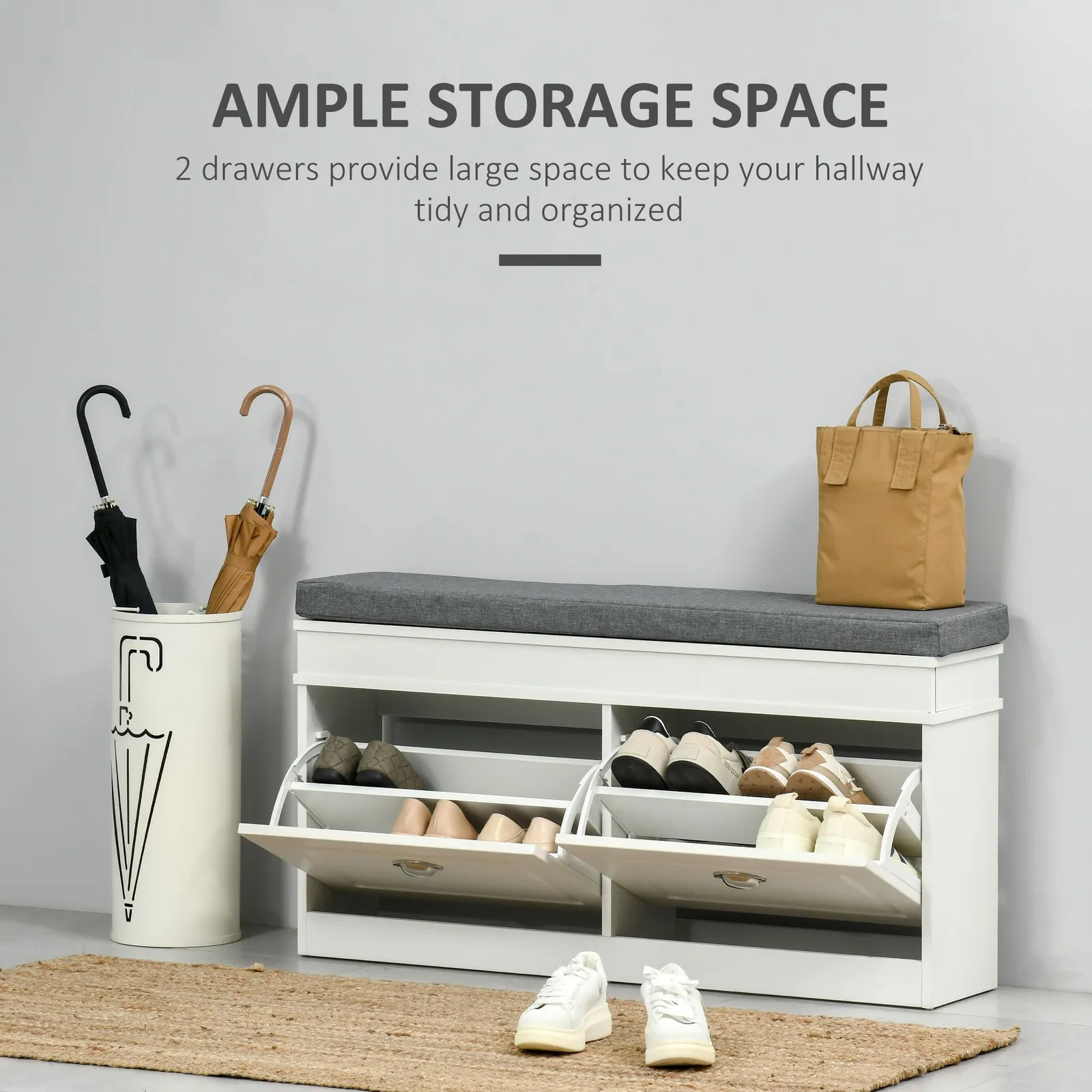 HOMCOM Shoe Storage Bench with Seat Cushion Cabinet Organizer with 2 Drawers in White 4