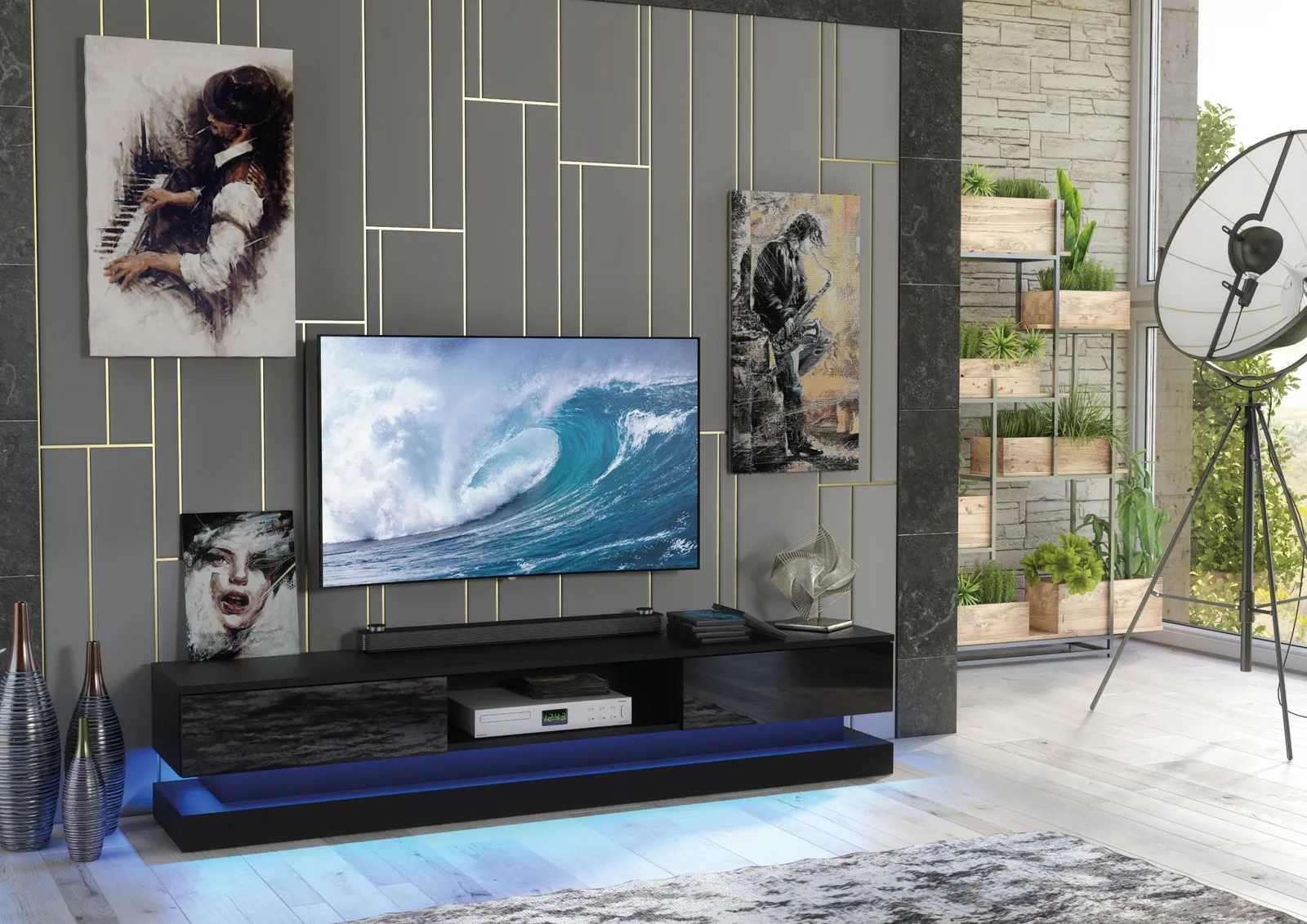 Creative Furniture Bloom TV Unit 180cm - A Functional & Contemporary Cabinet with Gloss Doors & LED Lights in Black 2