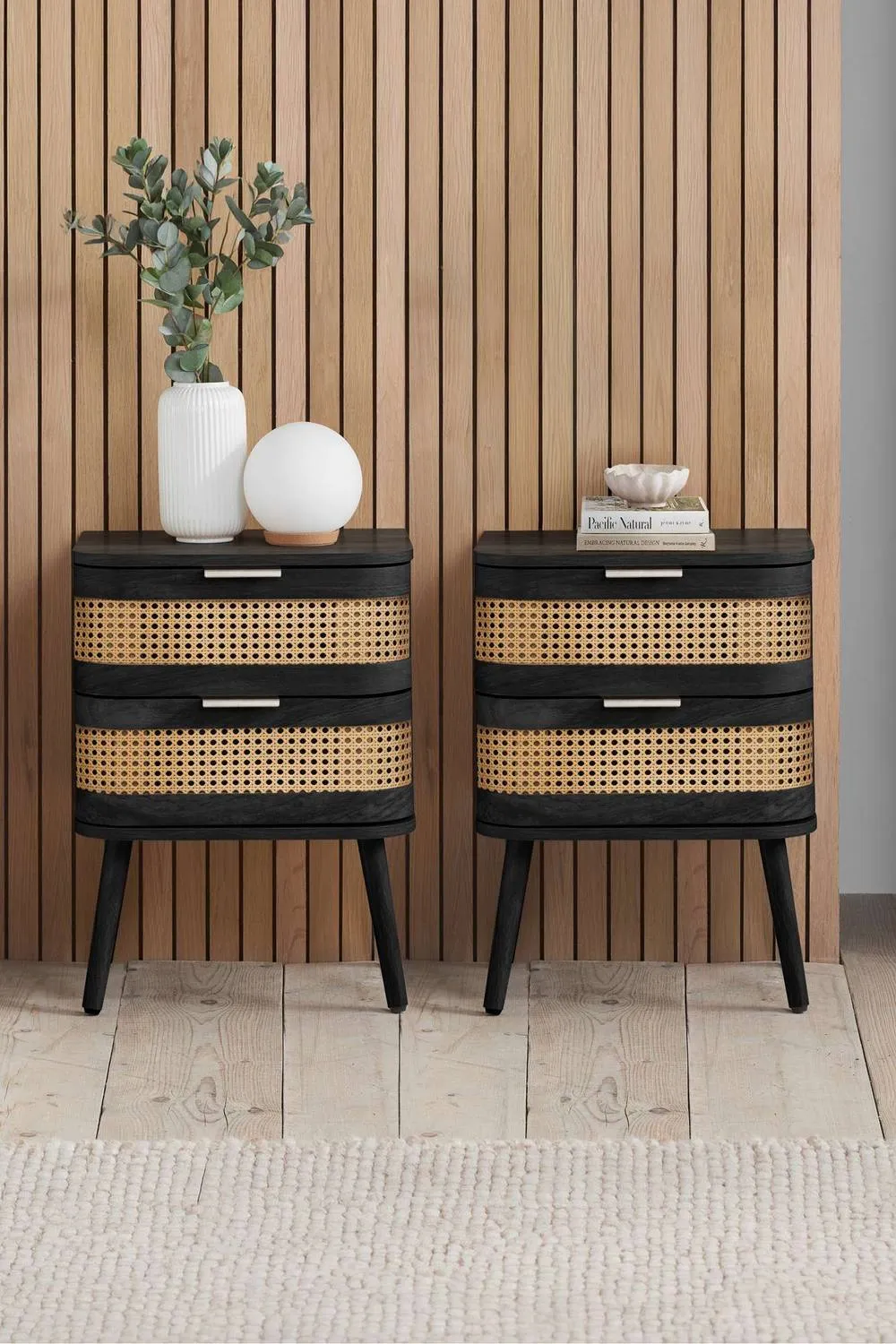 Birlea Pair of Rattan Bedside Cabinet 2 Drawer Black Sark Side Table