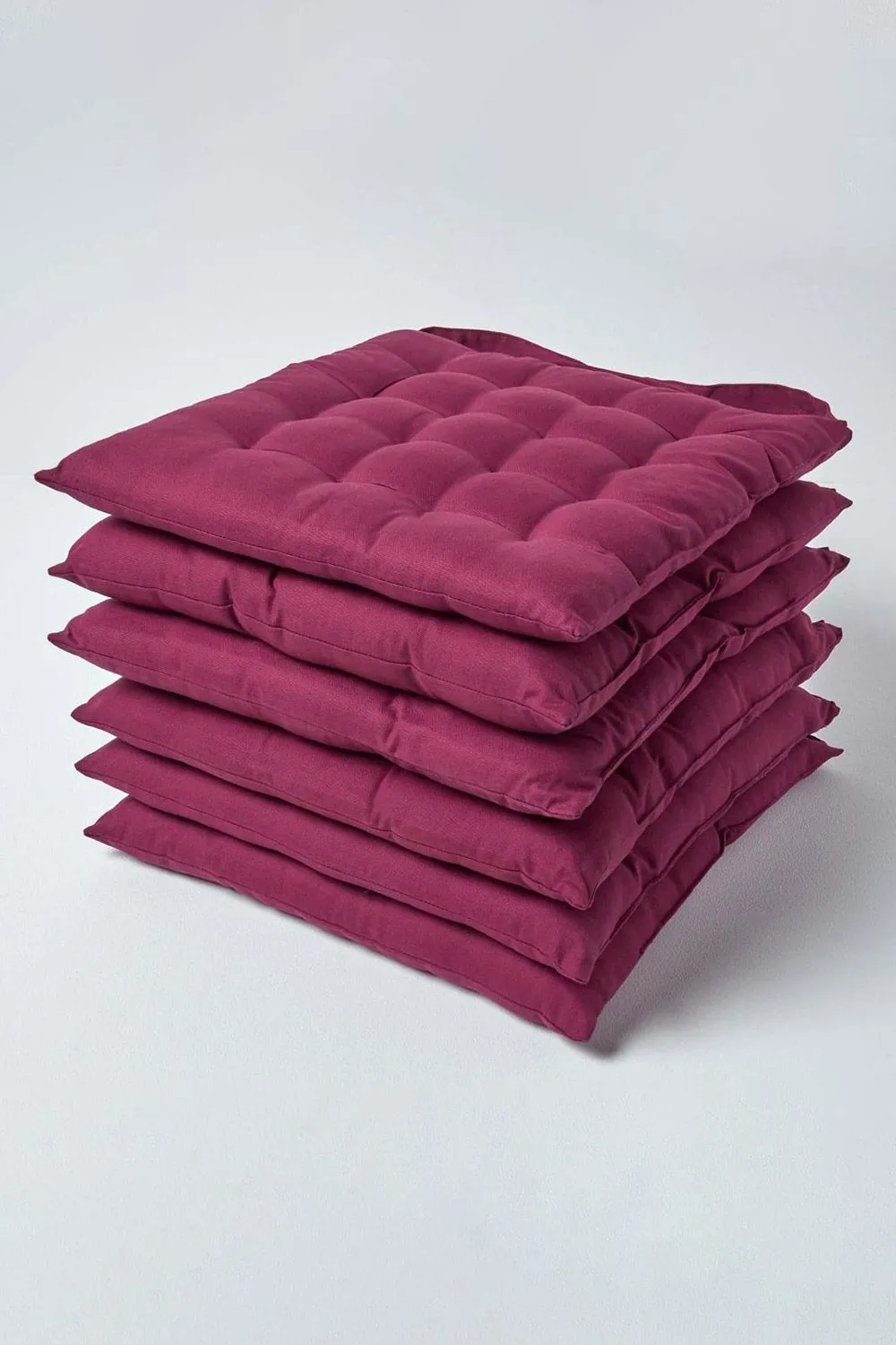 Homescapes 6 Pack Seat Pads Luxury 100% Cotton Indoor Outdoor Garden Cushion, 40cm in Plum