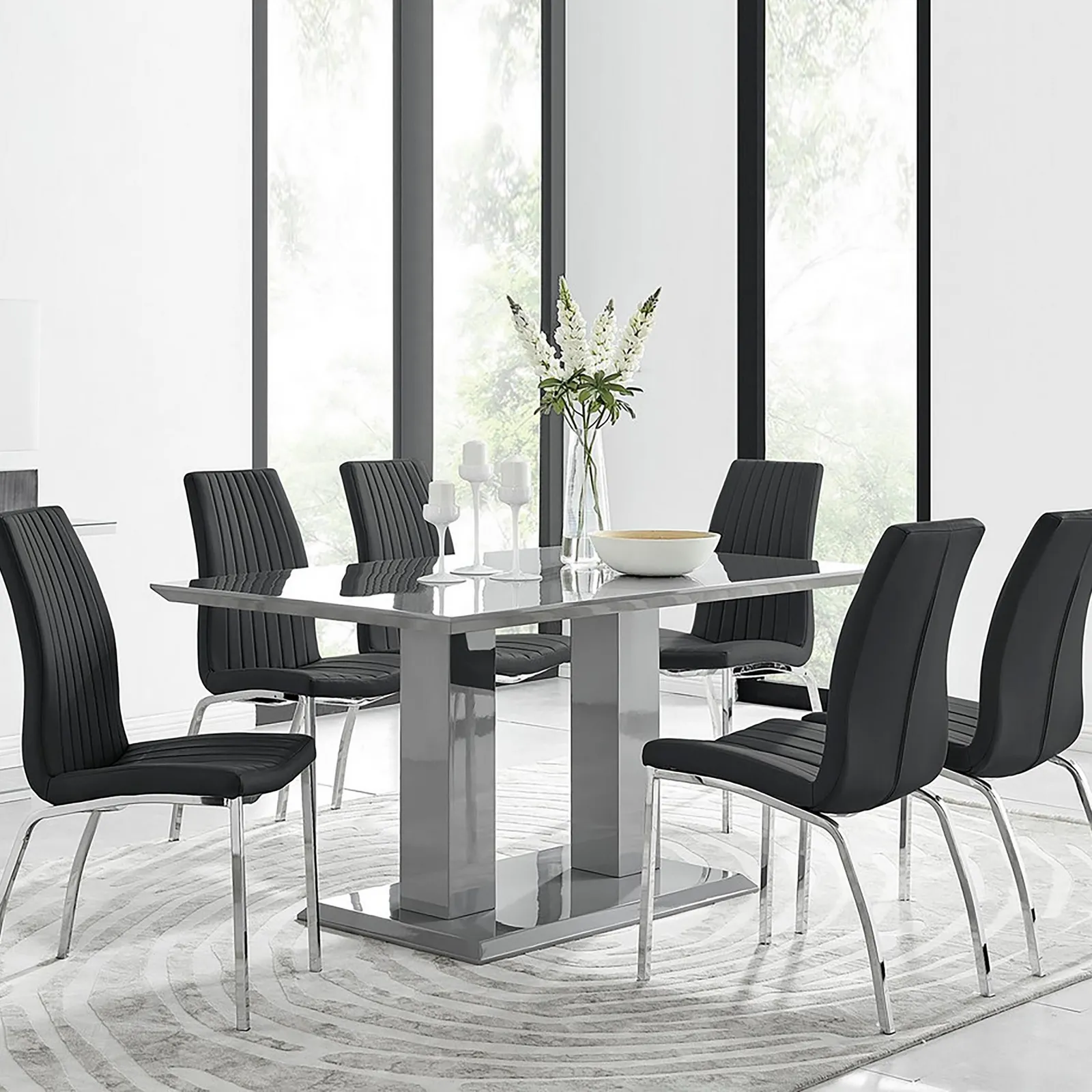 FurnitureboxUK Imperia 6 Grey Dining Table & 6 Isco Chairs in Black 1
