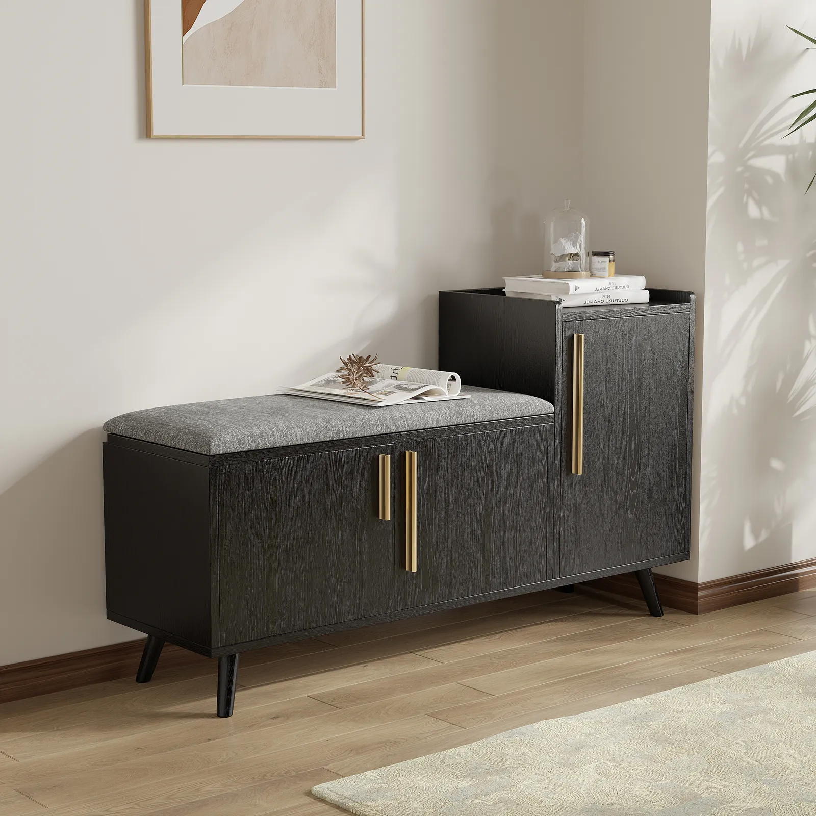 Shoe Storage Entryway Bench with Right-Side Cabinet Engineered Wood Shoe Rack in Black (120 cm)