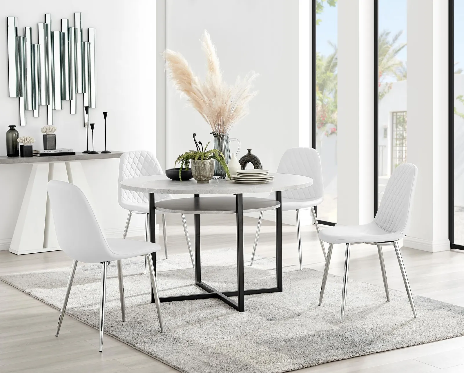 FurnitureboxUK Adley Grey Concrete Effect Round Dining Table & 4 Corona Silver Chairs in White 1