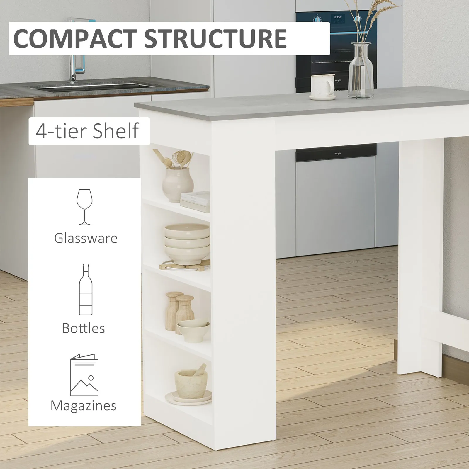 HOMCOM Table Kitchen Dining Table w/ 3-Tier Storage Shelf Living Room in Grey 4