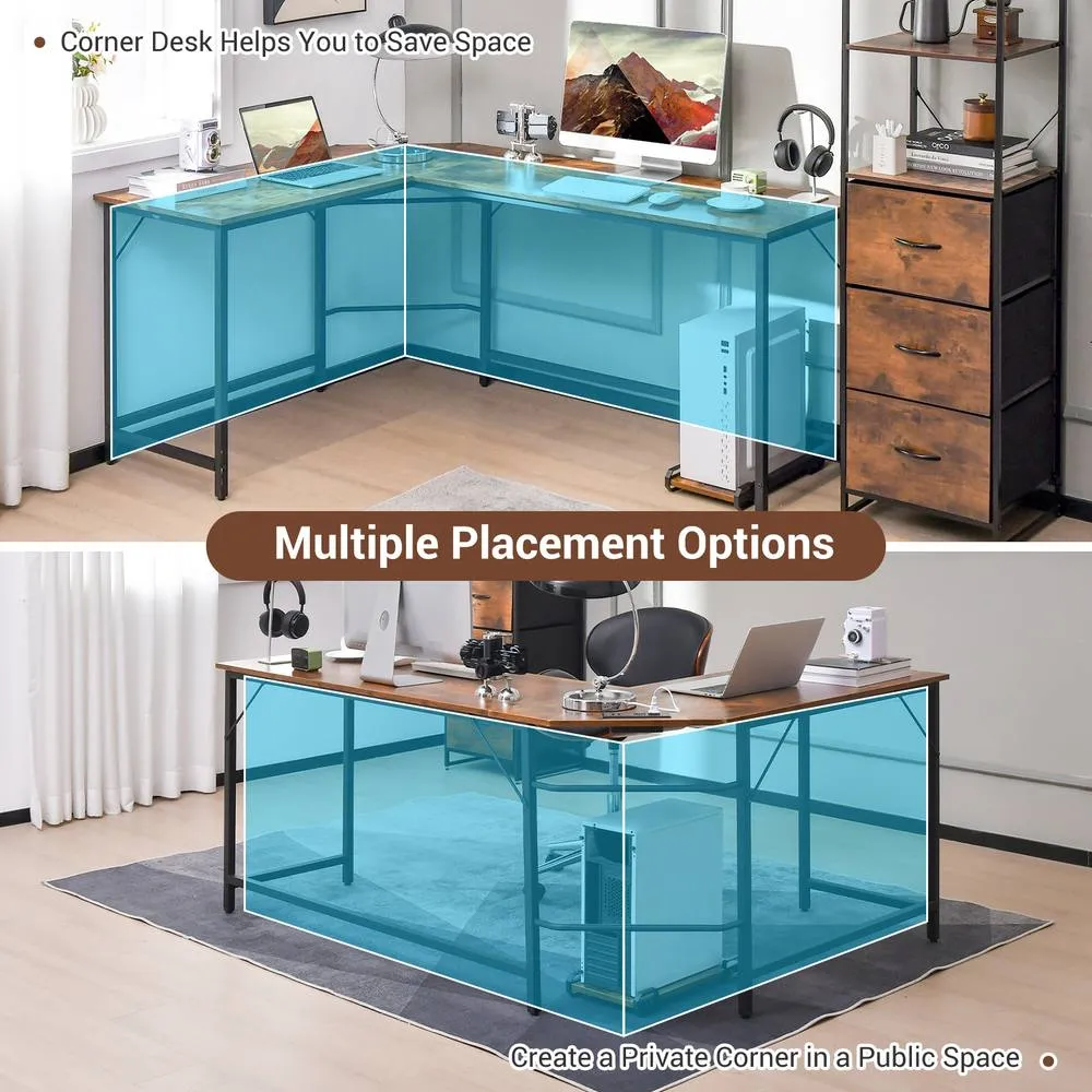 Costway L-Shaped Home Office Desk Computer Corner Desk Gaming Table with CPU Stand in Brown 6