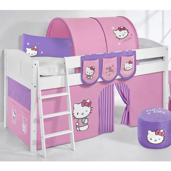 Hilla Children Bed In White With Kitty Purple Curtains
