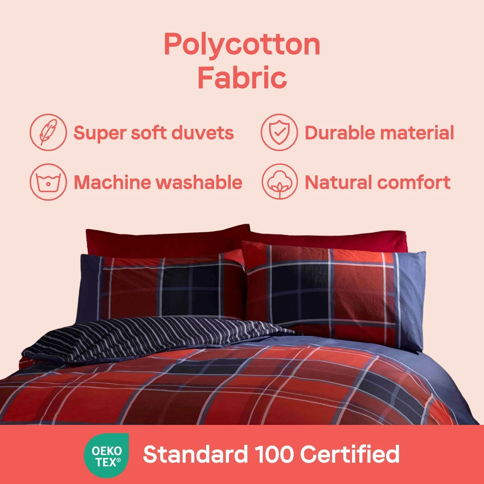 Rapport Home Argyle Design Tartan Polycotton Duvet Set With Pillowcase in Red 6