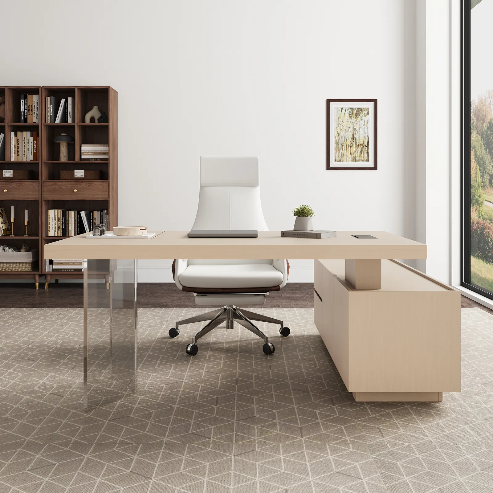 Modern 72" L-Shape Whitewash Standing Executive Desk with Lifter Desktop Left Hand