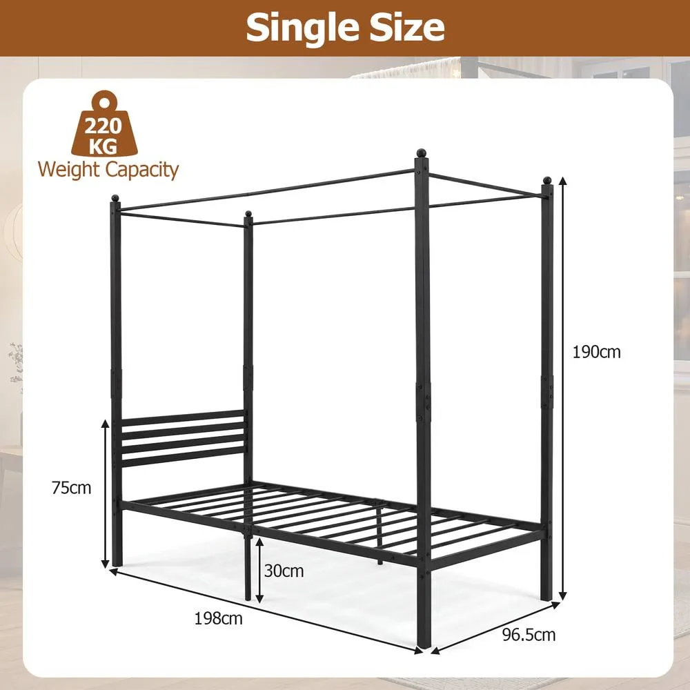 Costway Single Size Canopy Bed Frame 200x140cm Metal Platform Bed w/ Headboard in Black 2