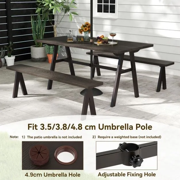 Costway 3Pcs Outdoor Picnic Table & Benches Set w/ 49MM Umbrella Hole in Brown 6